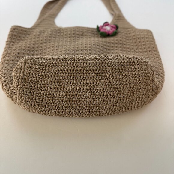 The SAC Beige Crochet Tote Shoulder Bag Pink Flower Accent - Picture 4 of 8